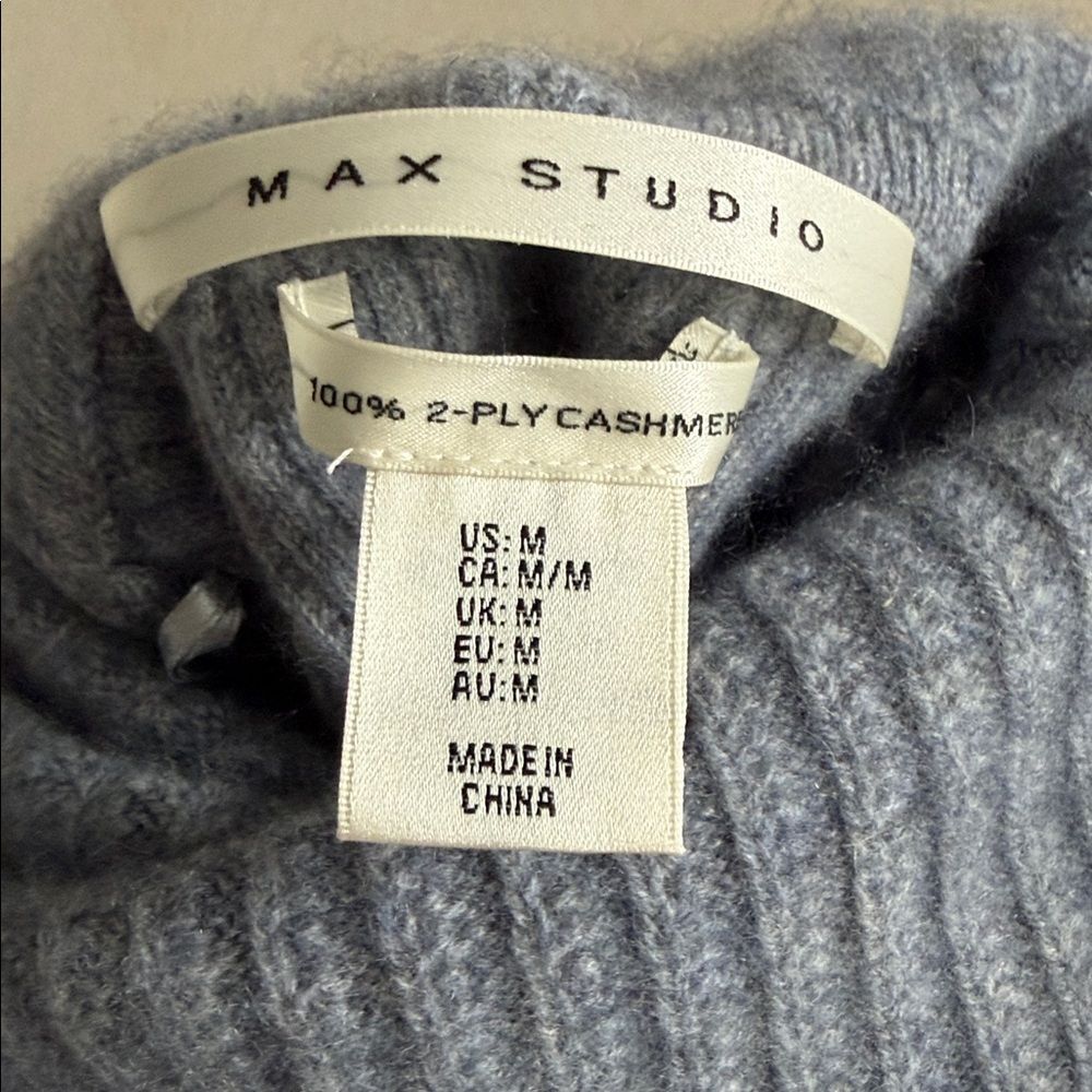 Max Studio 100% 2-Ply Cashmere Colorblock Turtleneck Sweater Size M Gray Blue - Picture 6 of 9